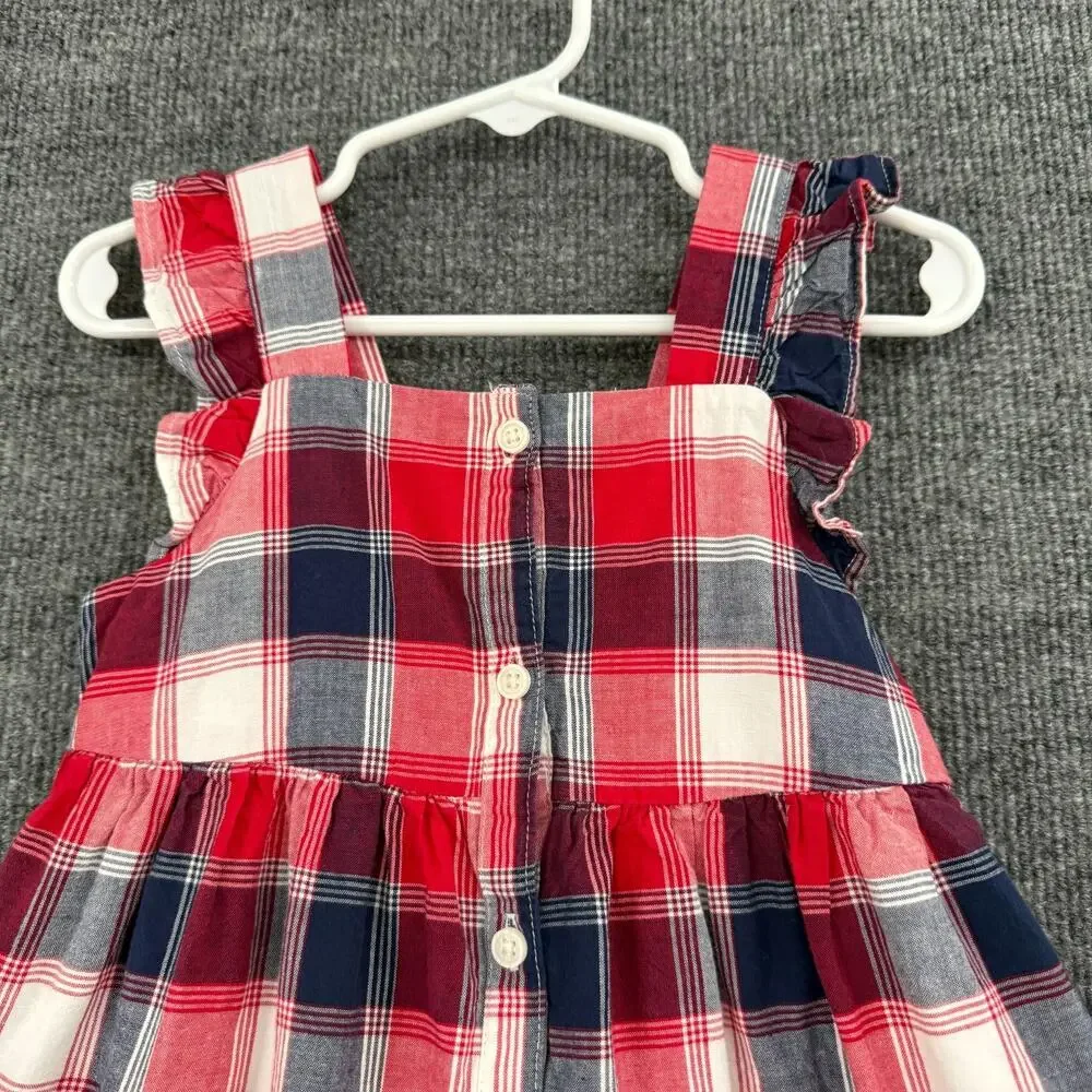 Oshkosh B'gosh Girls Jumper Sleeveless Dress Size 3 Red White Blue Plaid Cotton